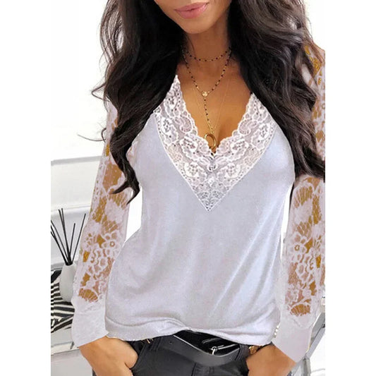 Stylish Lace Hollow V-Neck T-Shirt for Women - Spring/Summer - photo 3