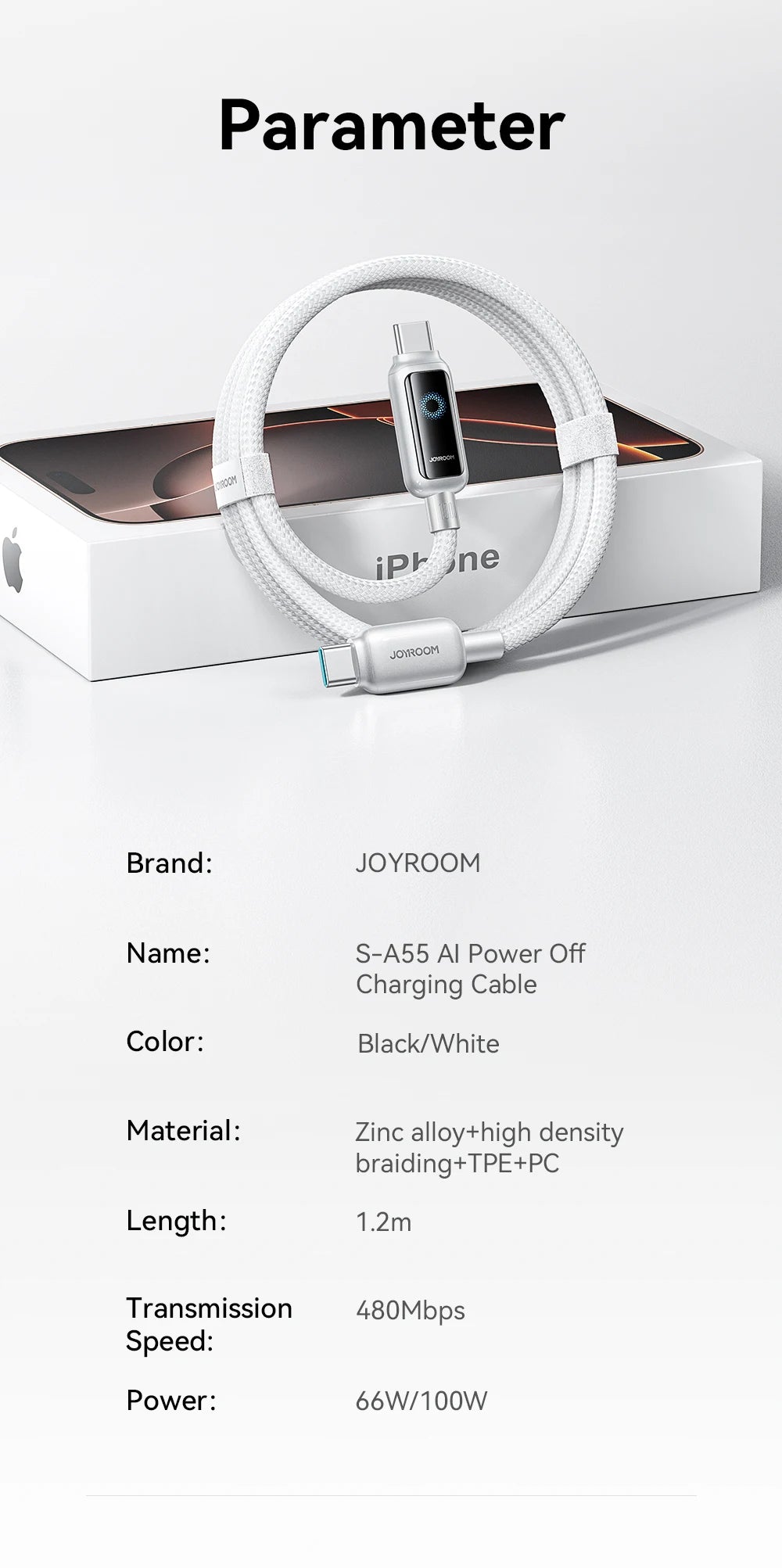Joyroom 100W USB C Cable Automatic Power Off Fast Charge Type C Cable For iPhone 16 15 Pro Max  Xiaomi Sumsang Huawei