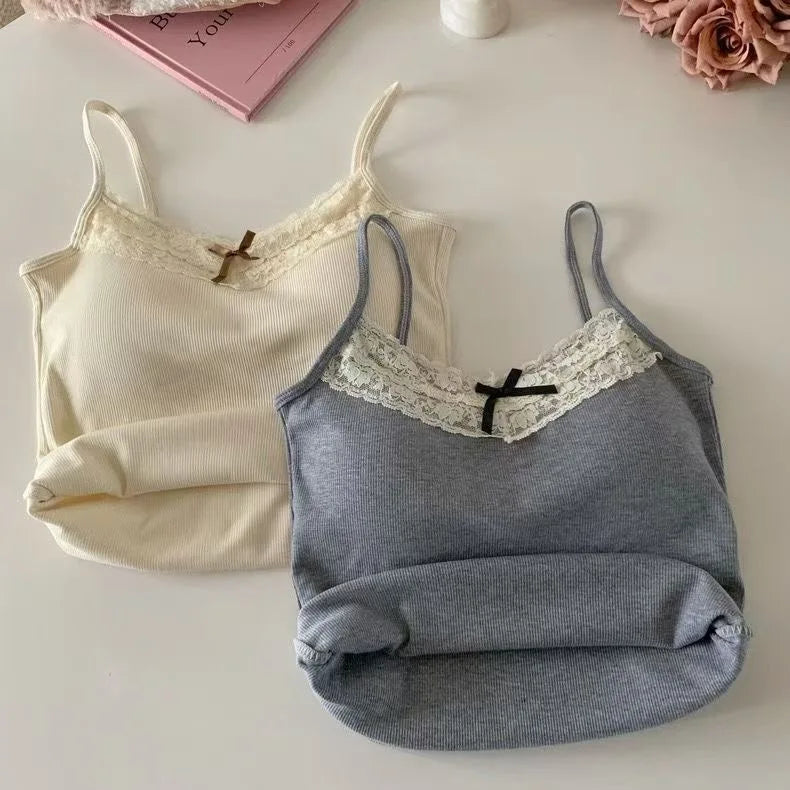 Sexy White Knit Camisole Lace Tank Top Cropped Vest Women's Sleeveless Crop Tops with Chest Pad Y2k Cute Summer Slim Undershirt