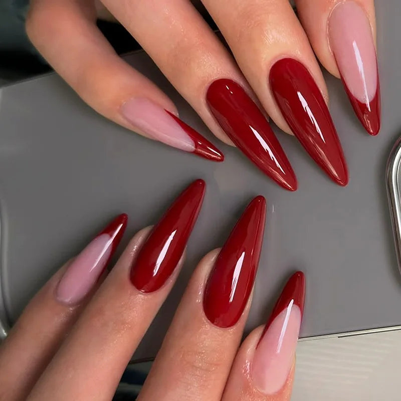 Red Stiletto False Nails Tips Almond Press on Nail French Tip Solid Color Fake Nails for Women New Year Party DIY Manicure 24Pcs
