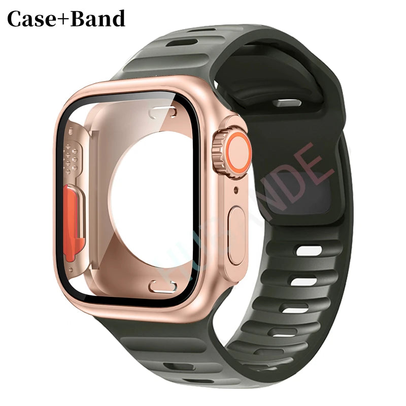 Silicone strap For Apple Watch 44mm 45mm 41mm 40mm Bracelet+Screen protectores Change to Ultra For iWatch Series 9 8 7 SE 6 5 3