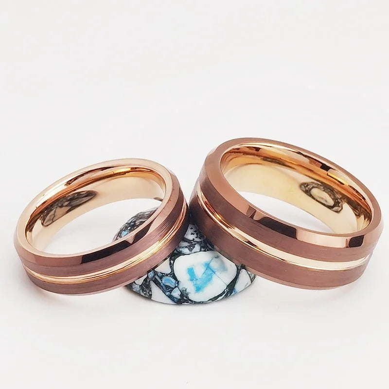 Tungsten Wedding Band — 6mm/8mm Rose Gold Tone Grooved Ring