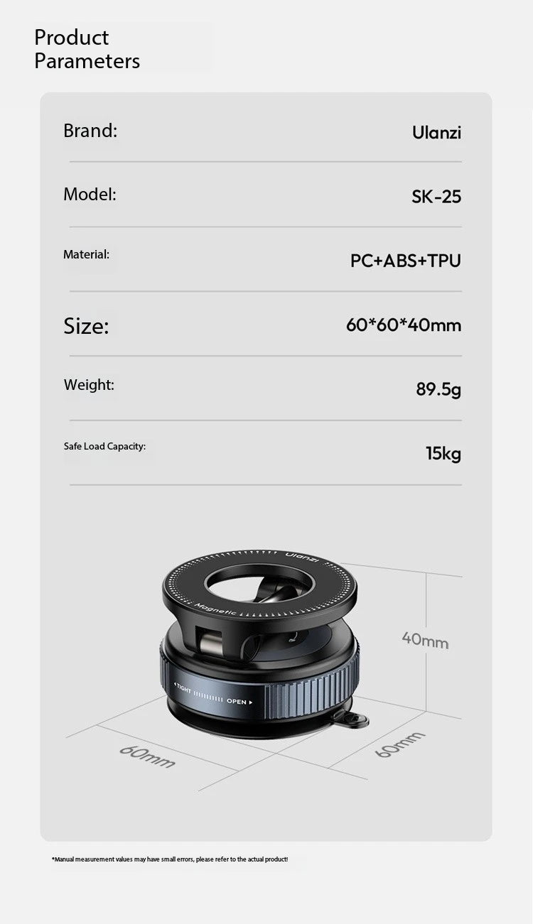 Original Ulanzi SK-25 Phone Holder Vacuum Suction Cup MagSafe Magnetic Attraction Vehicle Mounted Phone Stand Magnetic Ring