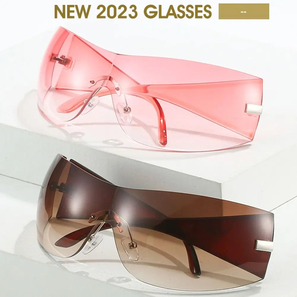 Trendy Y2K Sunglasses for Women  Men Rimless Wrap-Around Sunglasses Futuristic One Piece Shades Fashion Hip Hop Sun Glasses