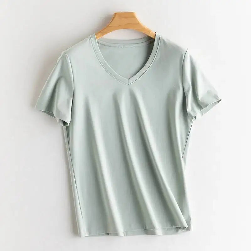 Women's Luxury Mulberry Silk Cotton T-Shirt – Loose Round Neck Short Sleeve Solid Basic Top