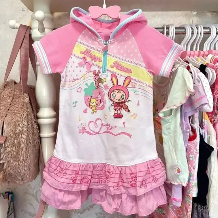 2026 Summer Japanese Kawaii Hooded T Shirts Women Y2k Hooded Short Sleeve Cartoon Print T-shirt Tops Casual Fashion Sweet Tees