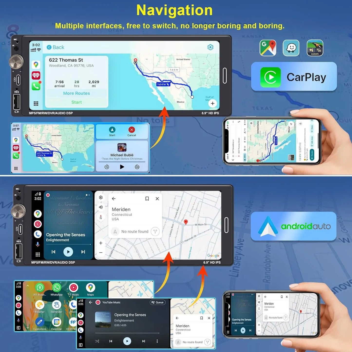 6.9" 1-DIN Car Stereo — Wireless & Wired CarPlay, Android Auto, USB-C Fast Charging, FM Radio