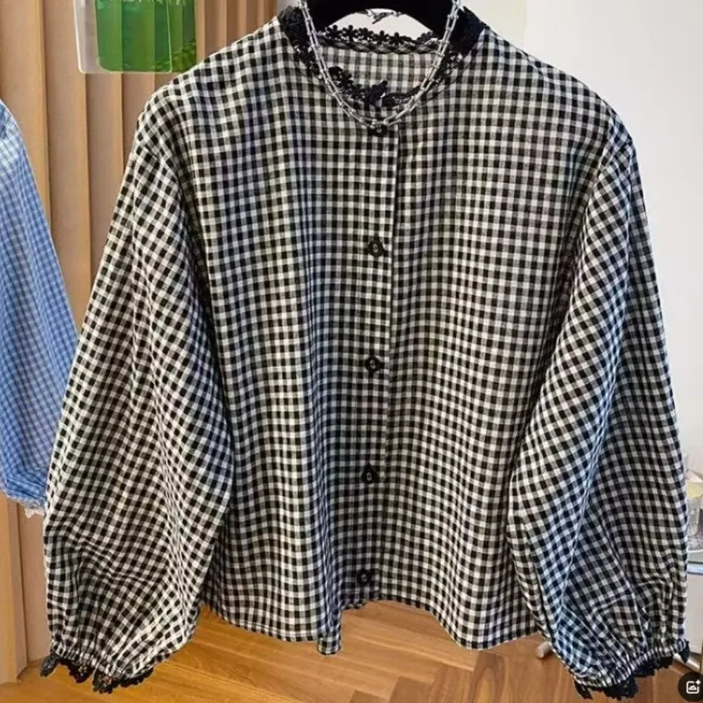 French Style Round Neck Plaid Shirt Retro Long Sleeve Women Shirts Versatile Gentle Women Blouse