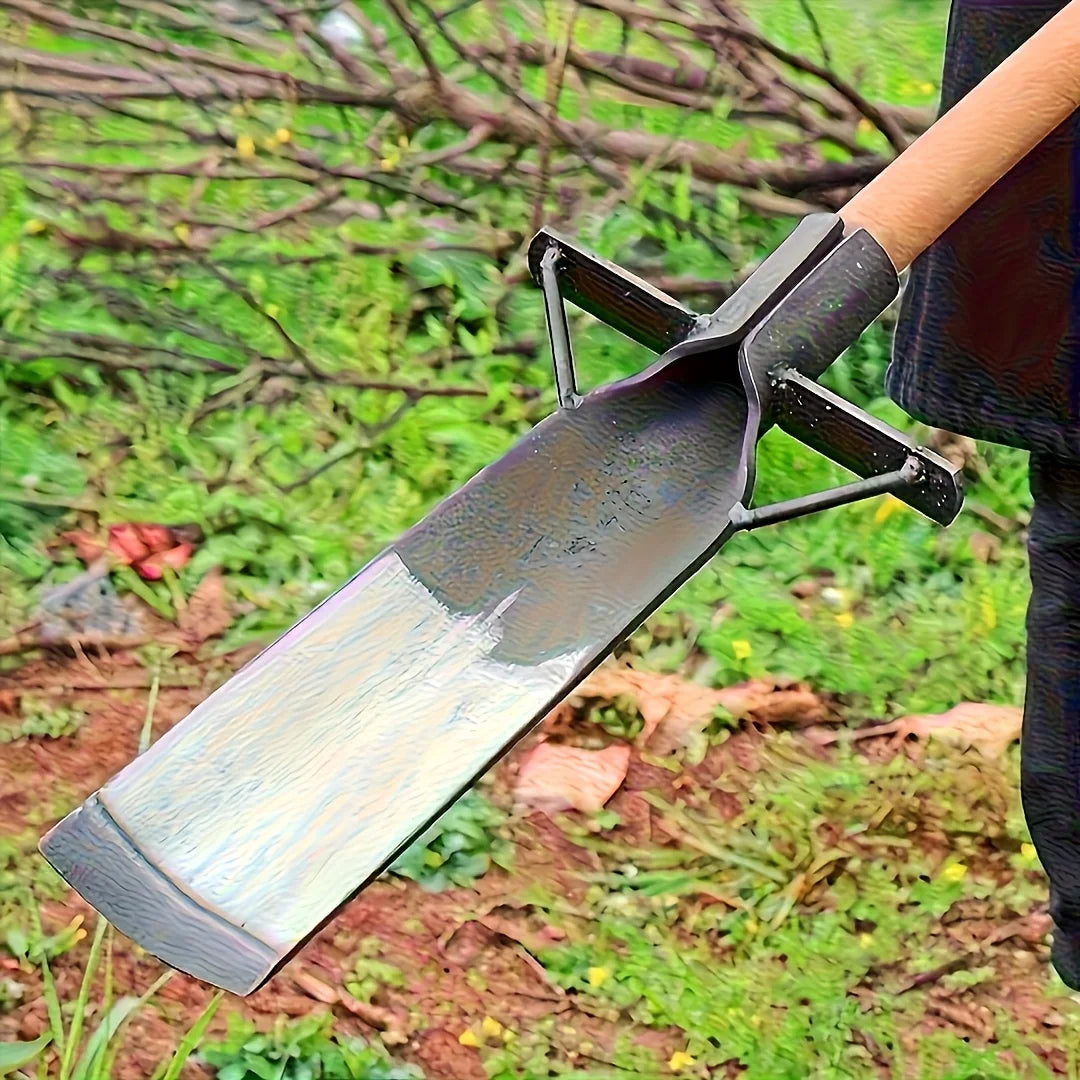 Heavy-Duty Manganese Steel Garden Spade - Reinforced Blade, Hardened Edge, Solid Wood Handle. No Electricity Needed.