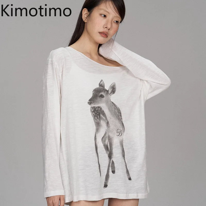 Kimotimo Summer Print Off Shoulder Long Sleeve T-shirt Women 2026 New Casual Transparent Loose Lazy Top Kpop Fashion Y2k Tees