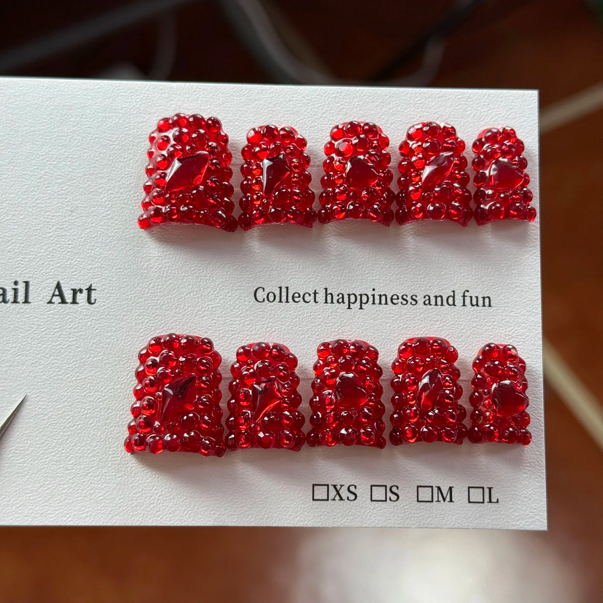 10pcs high-end New Year's edition, handcrafted three-dimensional red sparkling full of diamonds handmade fake nails