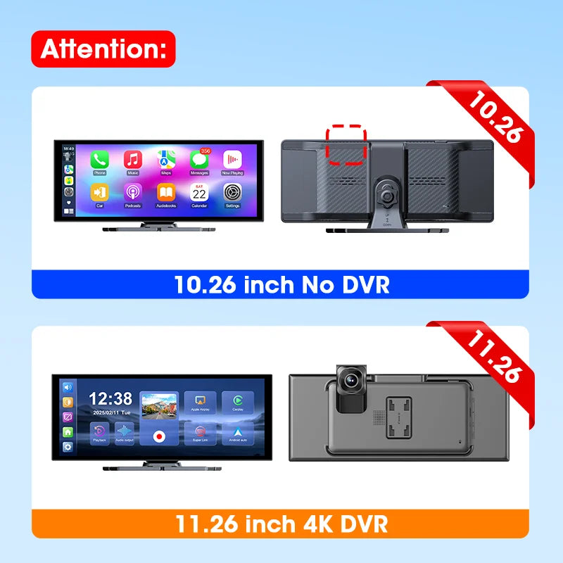 Develuck 11.26" 4K Portable Dash Cam & CarPlay Screen — Wireless Android Auto, 5G WiFi, GPS Navigation