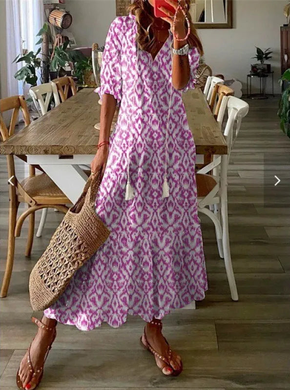 2026 Women Vintage Print Bohemian Dress Summer Fashion V Neck Half Sleeves Long Dresses Female Casual Holiday Beach Dresses
