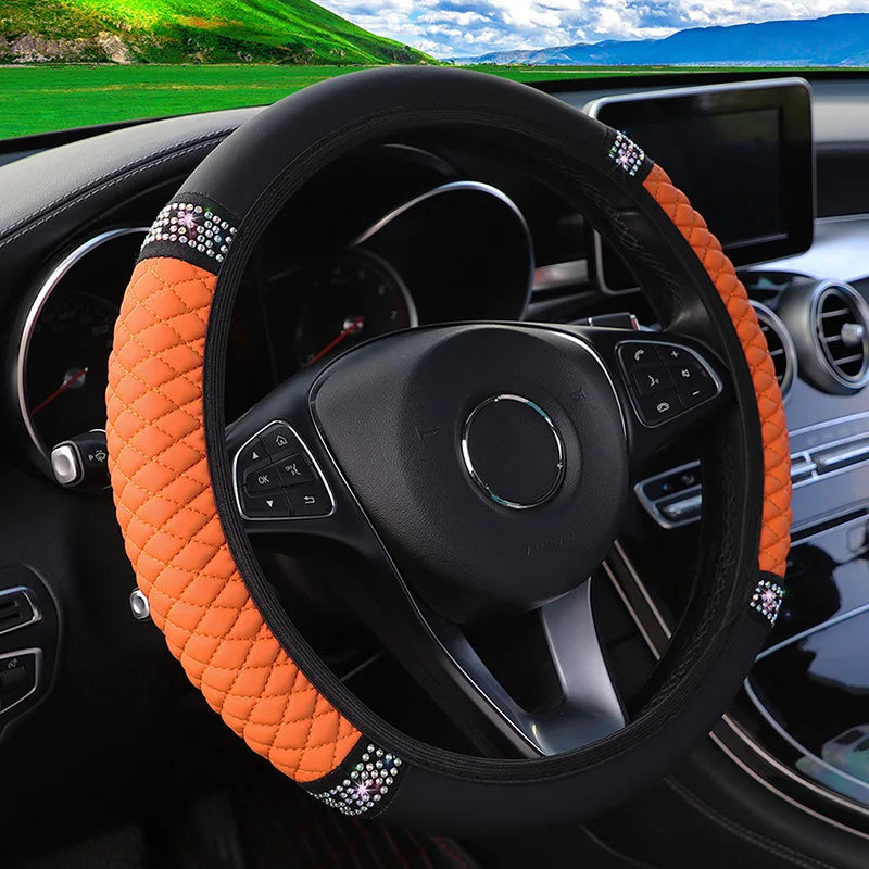 Four Seasons Universal Car Steering Wheel Cover 37-38cm Leather Embroidered Color Diamond-Studded Elastic Steering Wheel Cover