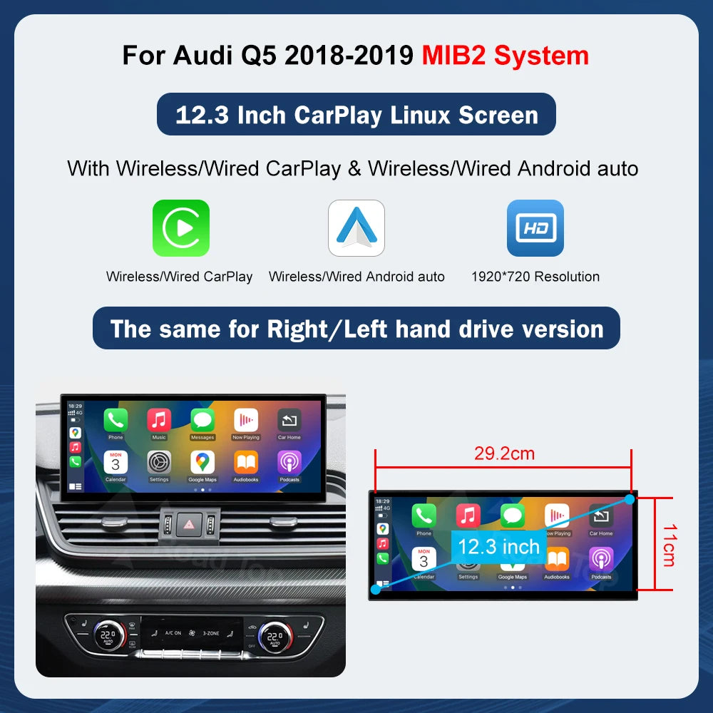 12.3" Touchscreen Display for Audi Q5 MIB (2018–2019) — Wireless CarPlay, Android Auto, AirPlay, Miracast