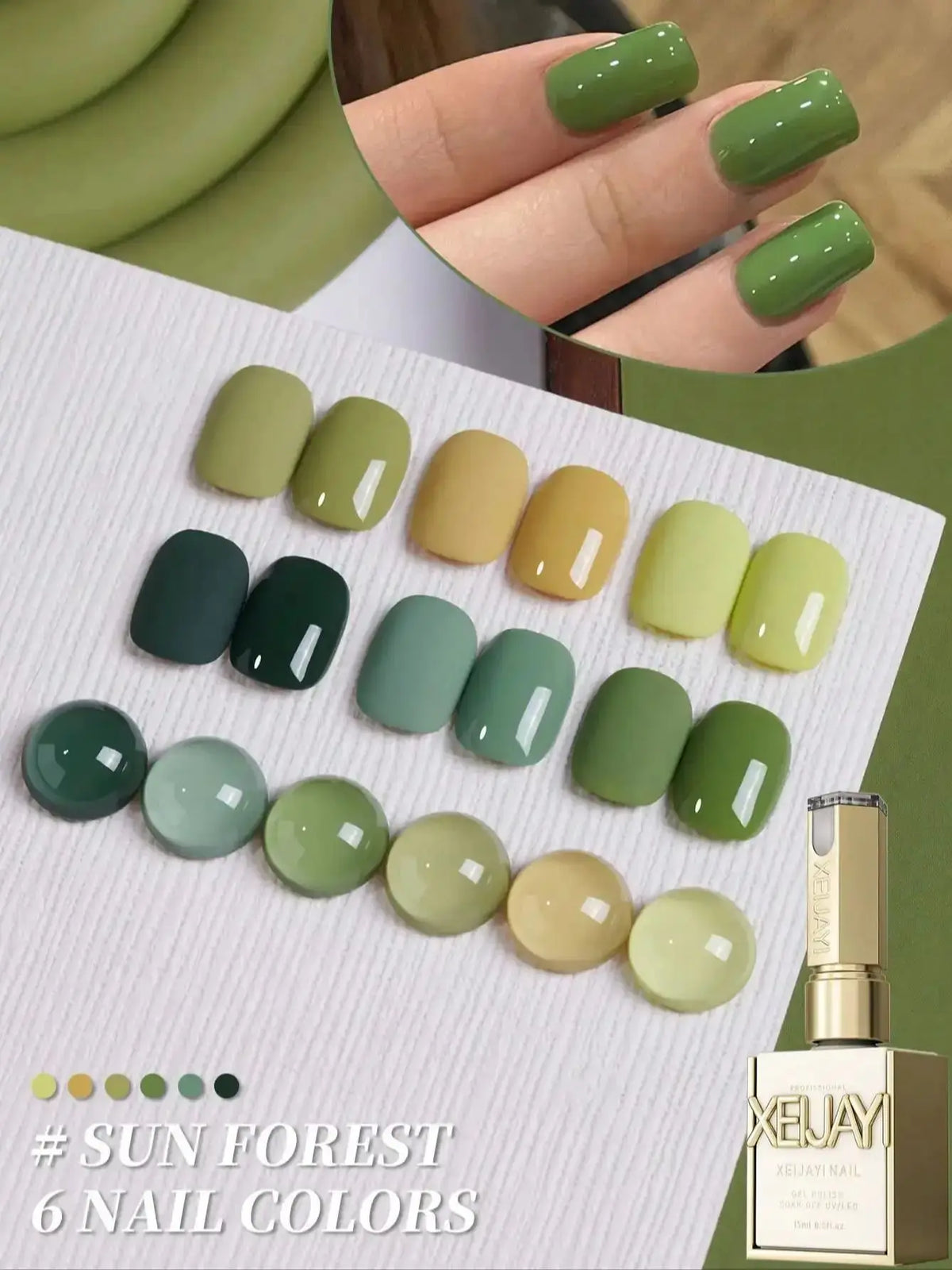 6-Color Green Gel Nail Polish Set, 15ml Each, UV LED Soaking Nail Gel, Semi-Permanent