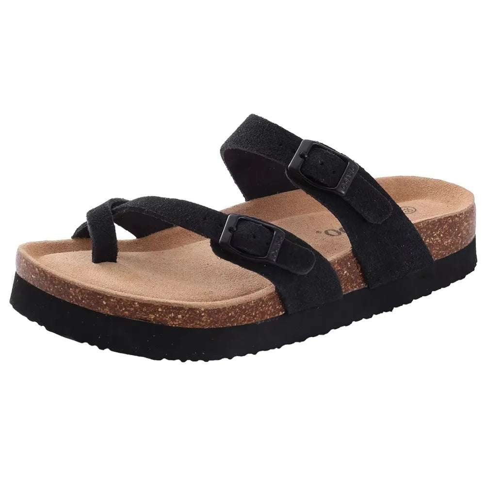 Crestar Women Cork Footbed Slippers Summer Couple Adjustable Double Buckles Flat Sandals Outdoor Cork Beach Slides With Open Toe