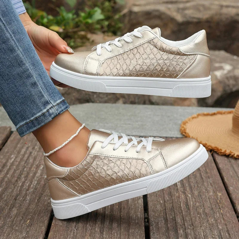 Metallic Lace-Up Sneakers for Women — Soft PU Leather Board Shoes, Plus Size