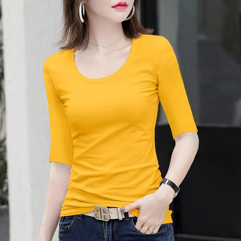 MRMT Women's White Mid-Sleeve Bottoming T-Shirt – Half Sleeve Tight O-Neck Top 2026