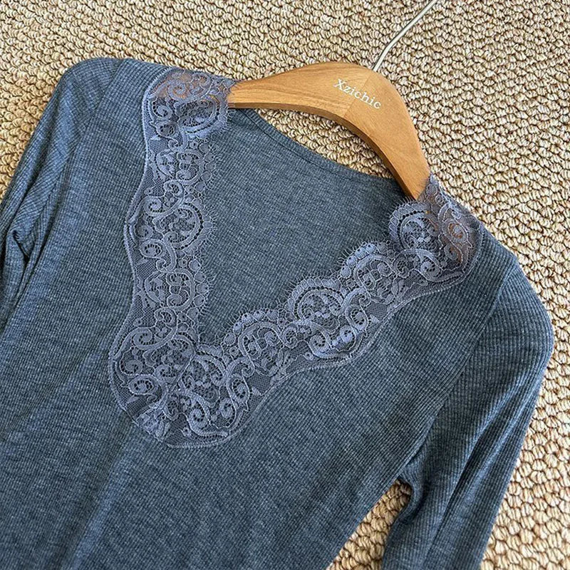 Sexy Low-Cut Lace Trim V-Neck T Shirts Women Spring New Skinny Elasticity Thin Ribbed Tees Korean Fashion Y2K Long Sleeve Tops