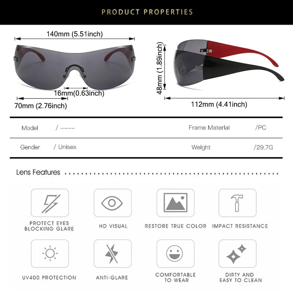 Trendy Y2K Sunglasses for Women  Men Rimless Wrap-Around Sunglasses Futuristic One Piece Shades Fashion Hip Hop Sun Glasses