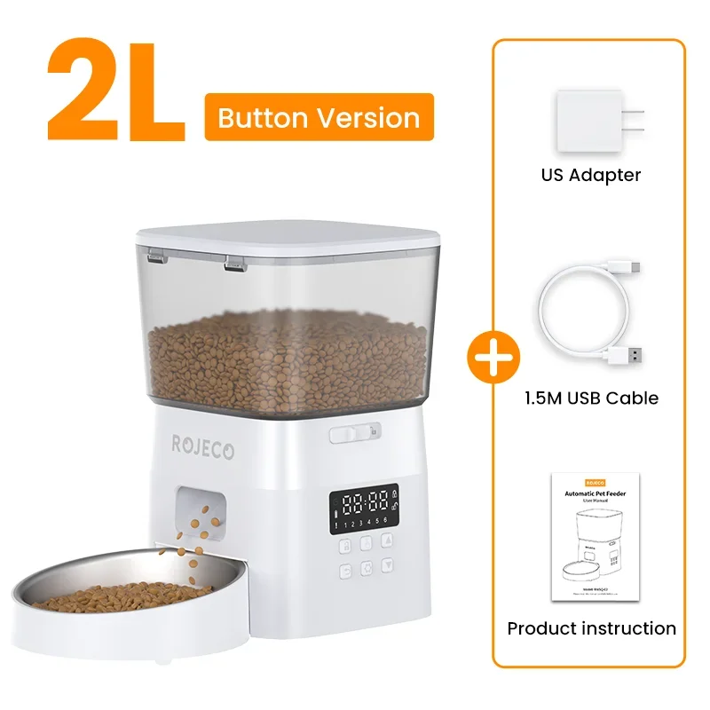 ROJECO Automatic Pet Feeder – 2L Smart Button Control Cat & Dog Food Dispenser | US/EU/KR Plug