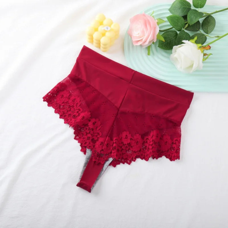 Women's High Waist Panties Sexy Underpants Spliced Lace Lingerie Bowknot Cotton Crotch Thongs Perspective Solid Color Underwear