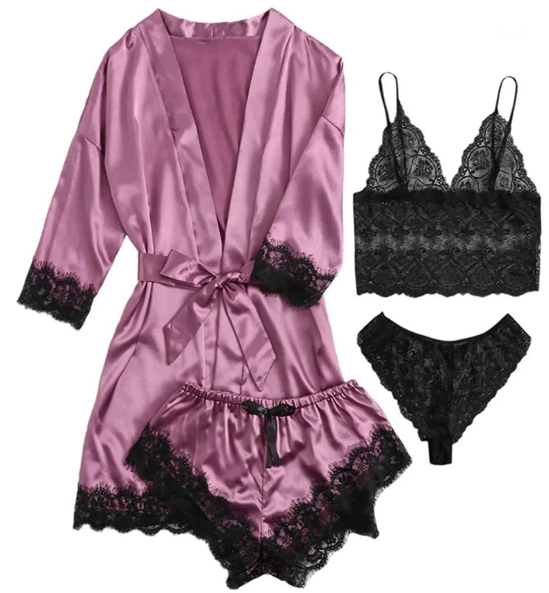 Women's 4-Piece Lace Camisole Pajama Set – Sexy Lingerie Nightgown, Shorts, Robe & Leisurewear | S–XXL (7 Colors)