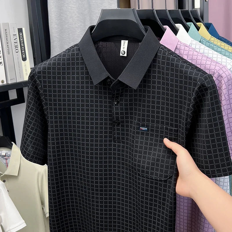 Men's Contrast Lapel Polo - Micro-Lattice Print, Chest Pocket