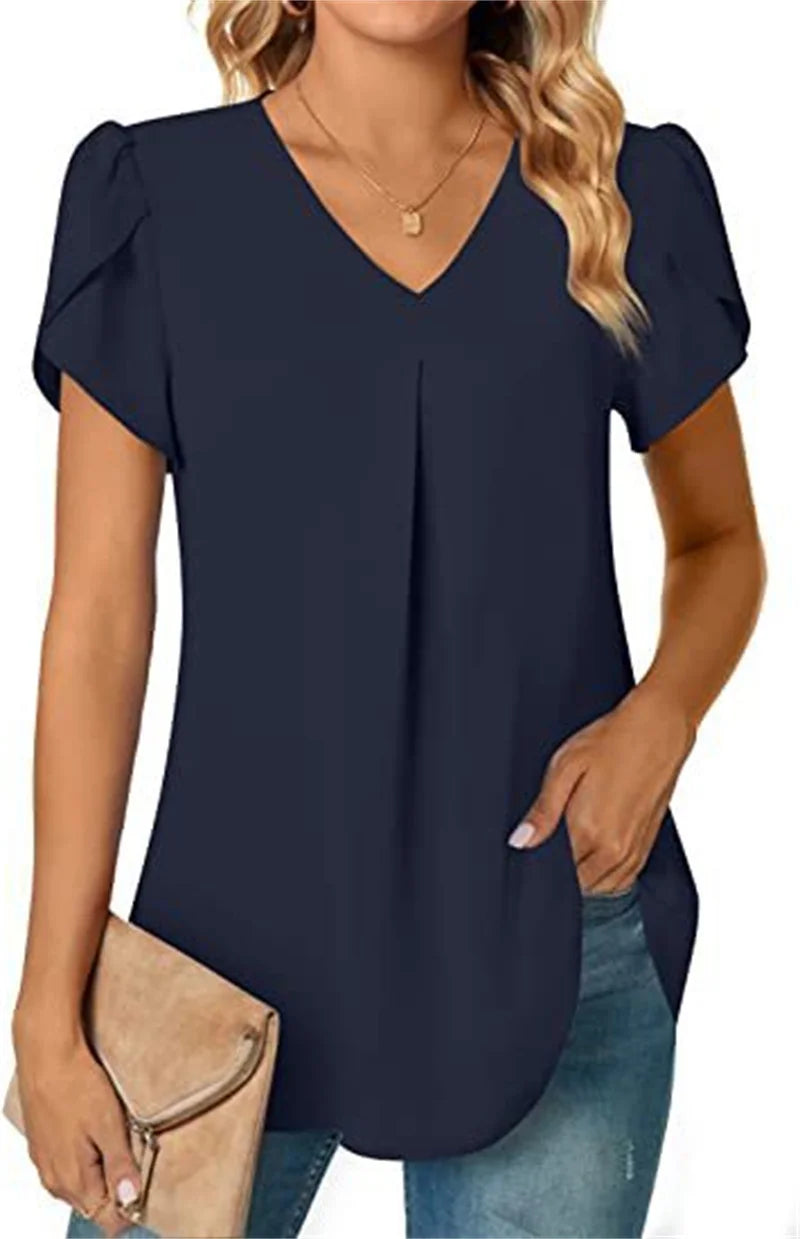 Women's Lace-Trim Floral Blouse — V-Neck Short-Sleeve Summer Top