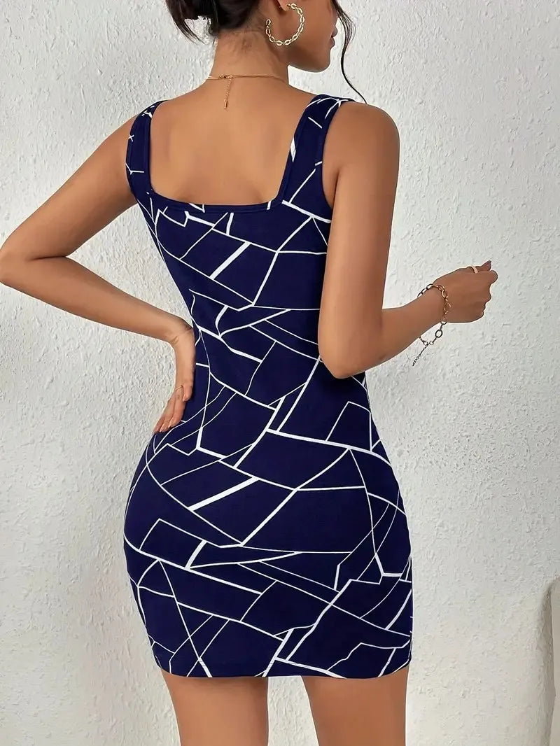 Geometric Print Bodycon Mini Dress – Square-Neck Party Dress