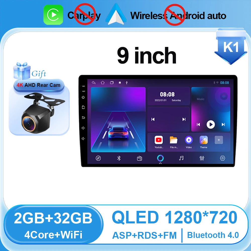 Universal 2-DIN Android Car Stereo (9"/10") — CarPlay, Android Auto, GPS, QLED Screen, Bluetooth
