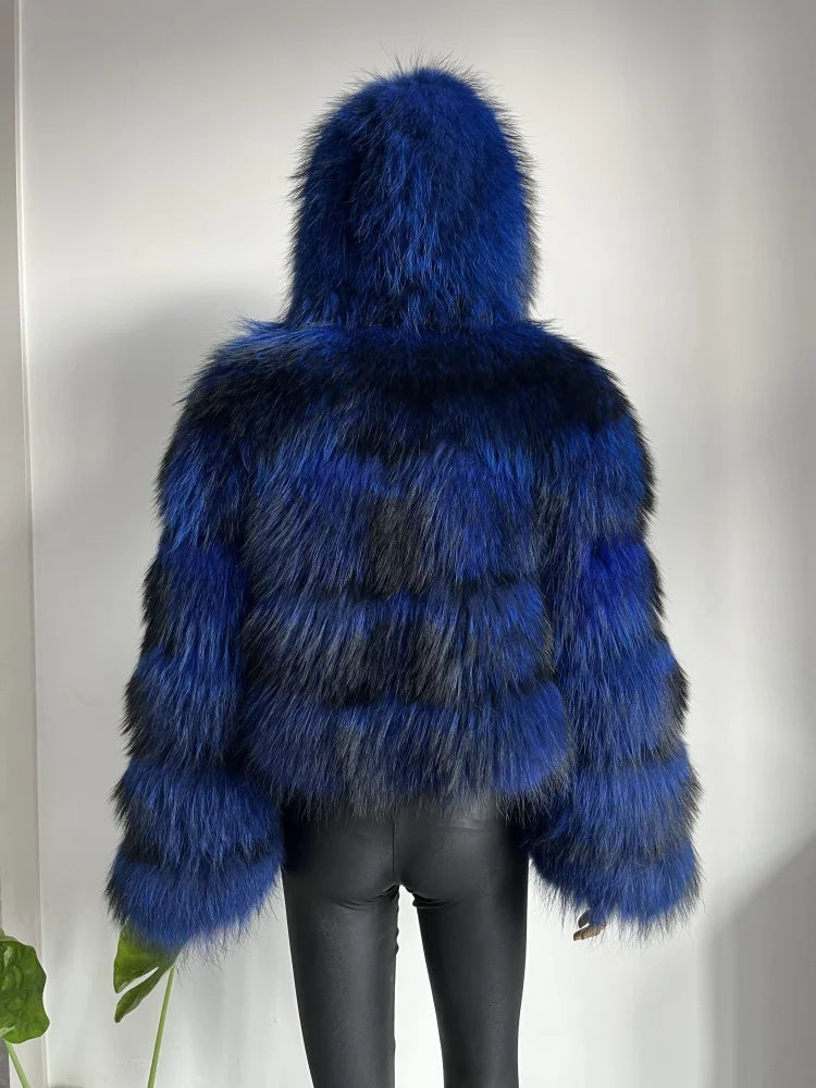 Women's Hooded Raccoon Fur Coat, Turn-Down Collar