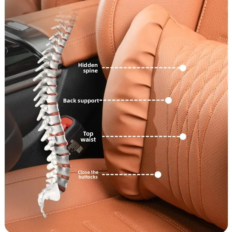 Nappa Leather Car Headrest & Lumbar Support Cushion – Soft Neck Pillow & Waist Pillow Set