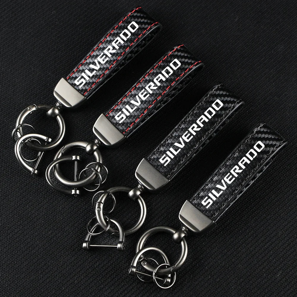 Carbon Fiber Leather Car Keychain Key Chain Pendant Keyring Horseshoe Buckle for SILVERADO SONIC SPARK SS Auto Accessories