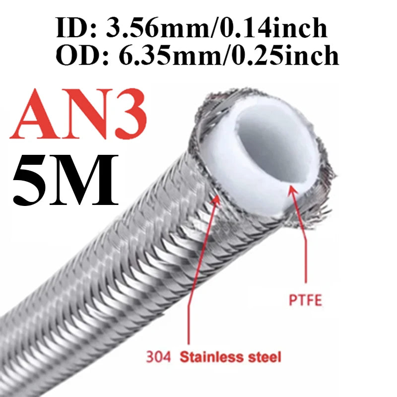 1M/2M/3M/5M AN3 AN4 AN6 AN8 AN10 Racing Hose 304 Stainless Steel Braided PTFE Brake Hose Fuel Oil Line Oil Cooler Hose Pipe