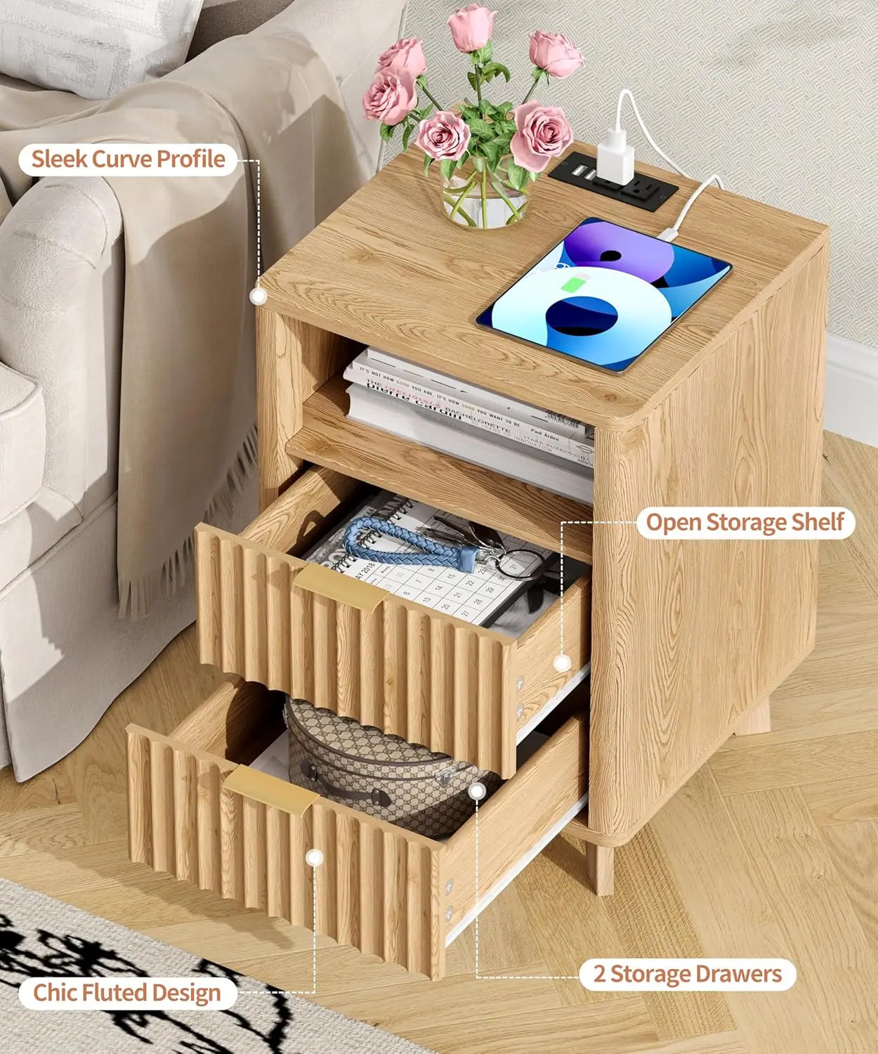 Fluted Nightstand Set USB LED 2 Drawers Shelf Small Bedroom Oak,Customized