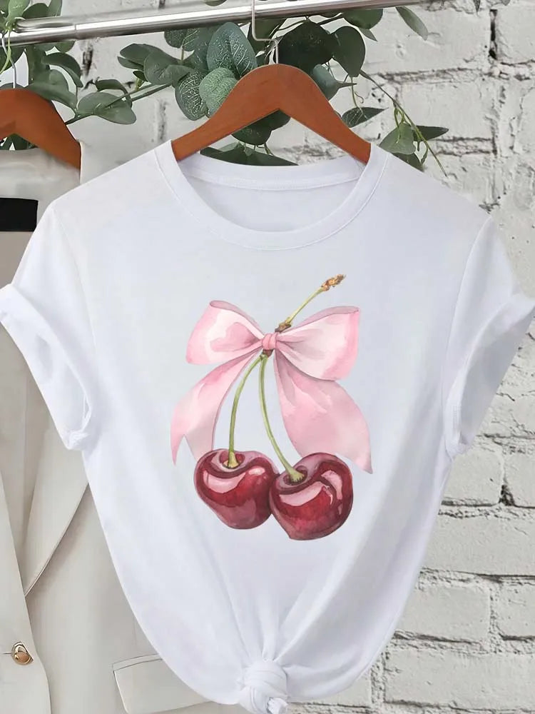 Women's Cherry-Print Tee — Crew-Neck Casual Short-Sleeve Top