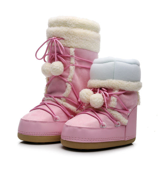 Women's Pink Plush Lace-Up Snow Boots, Platform