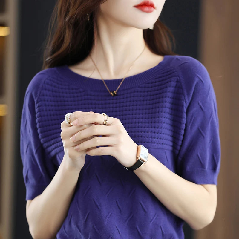 100% cotton short sleeve 2023 summer new women's round neck pullover loose knit solid color top casual vest fashion T-shirt