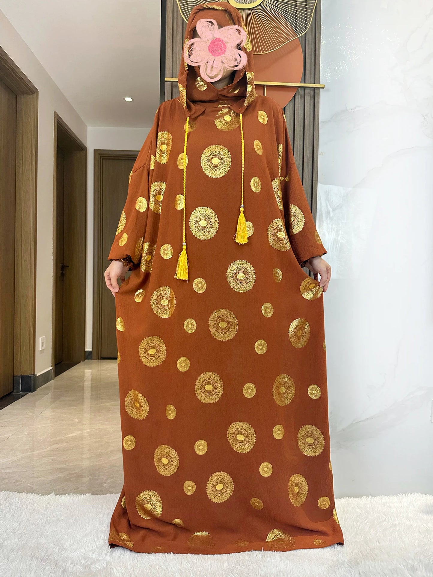 Women's Cotton Embroidered Abaya Kaftan – Gold Dust Shimmer, Loose Fit, All-Season Muslim Dress