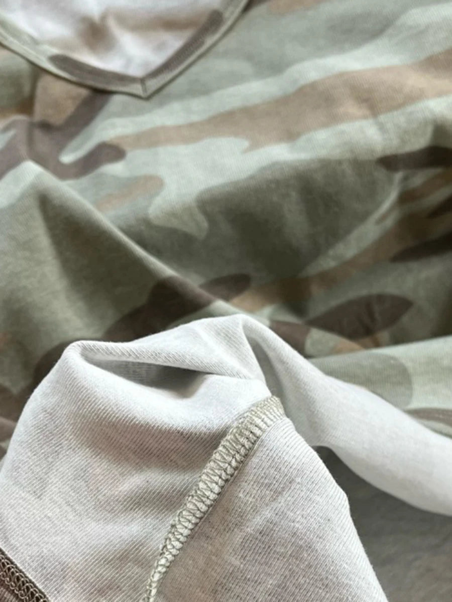 Camouflage Thin Short Sleeve T-shirt Women V-neck Cotton Slim All-match Tee Shirts Female Streetwear Vintage Y2k Tops Summer New