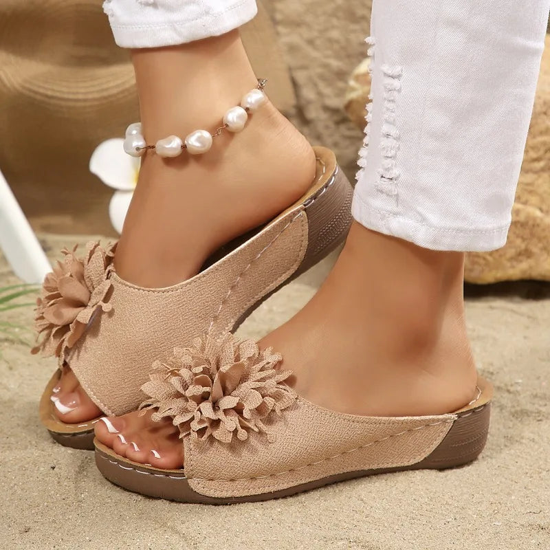 Floral Wedge Sandals for Women — Slip-On Comfortable Summer Casual Shoes