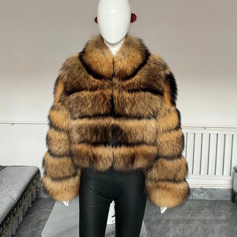 Women's Hooded Raccoon Fur Coat, Turn-Down Collar