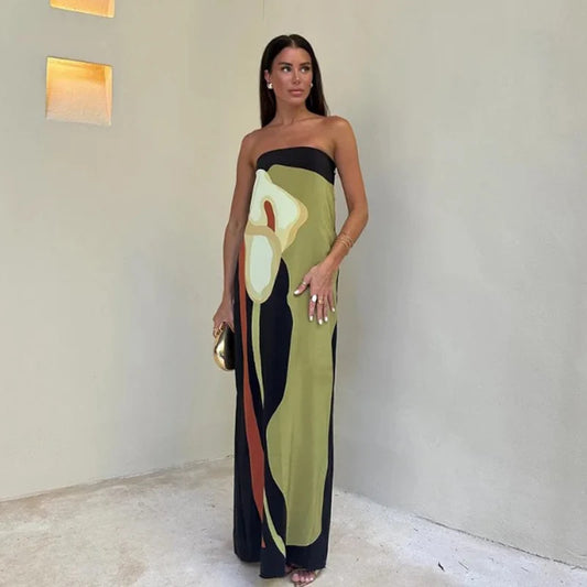 2026 Summer Women Strapless Backless Flower Printed Long Dress Women Sleeveless Off Shoulder Vestidos Plus Size S-3XL Streetwear