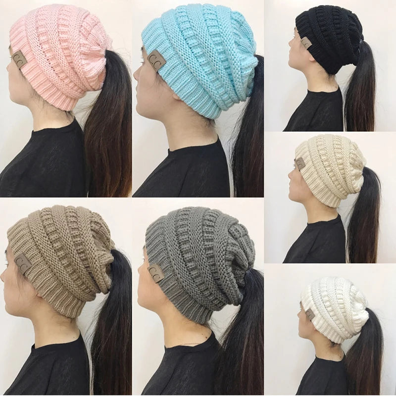 Women's Messy Bun Ponytail Beanie - Open Knit Winter Hat
