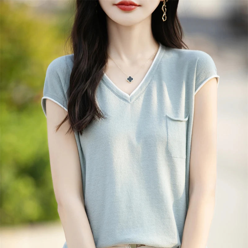 100% pure cotton T-shirt women's knitted patchwork short sleeved casual V-neck Tees summer basic loose Tops versatile pocket