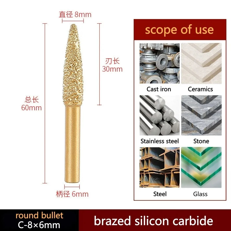 6mm Shank Brazed Diamond Grinding and Polishing Head for Cast Iron Stone Marble Tile - Deburring Metal Processing  Carve