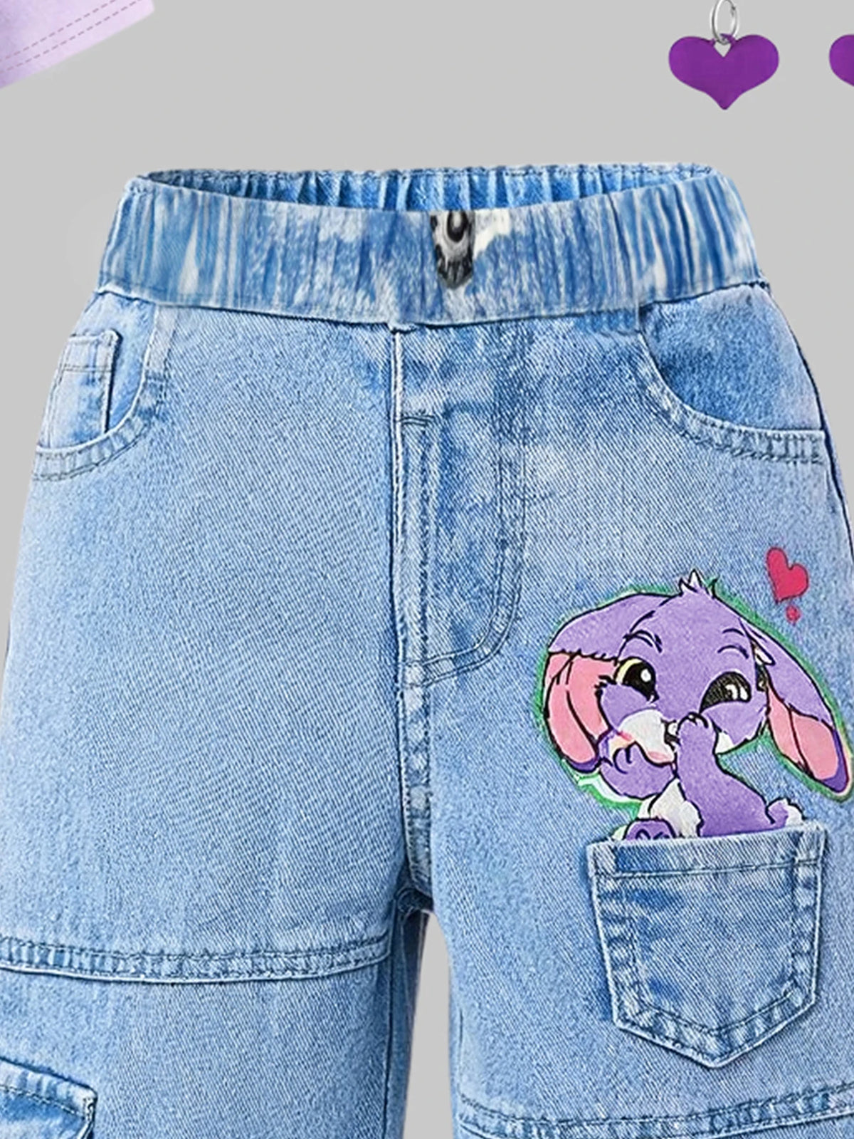 2Pcs Girls' Spring/Summer Outfit: Cute Cartoon Rabbit Print Short Sleeve T-Shirt + Elastic Waist Faux Denim Print Straight-Leg Pants, Fashionable and Playful Youthful Clothing for Girls, Suitable for Daily Wear, Home, Outdoor
