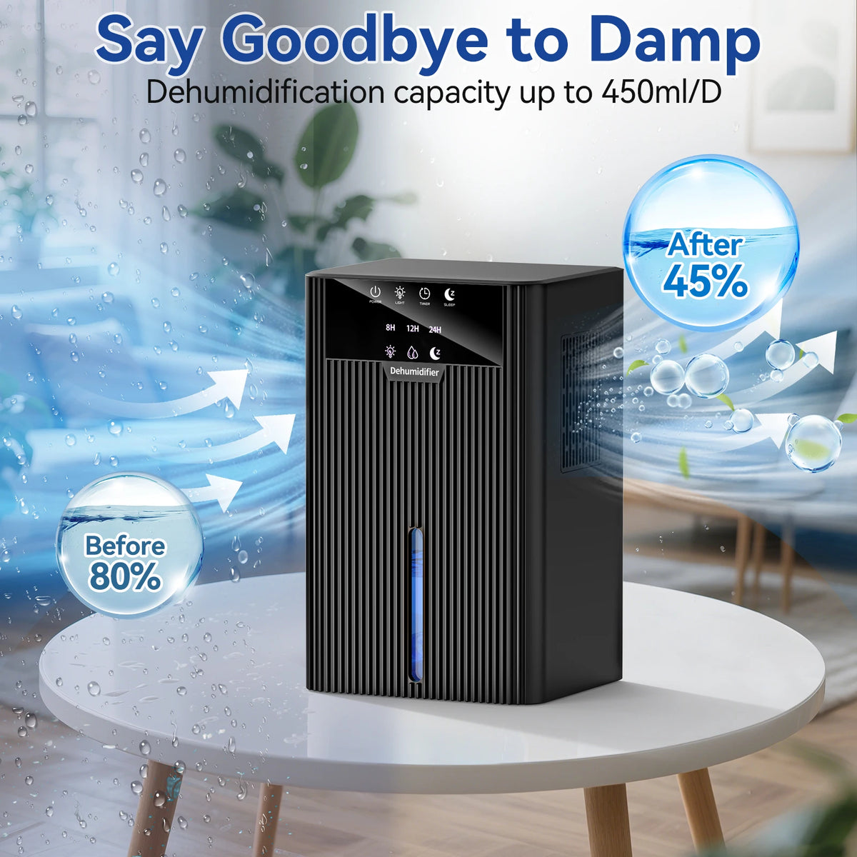 Portable Home Dehumidifier Moisture Absorber Air Purifier Drying Compact Humidity Control Device with 2200ML Large Water Tank